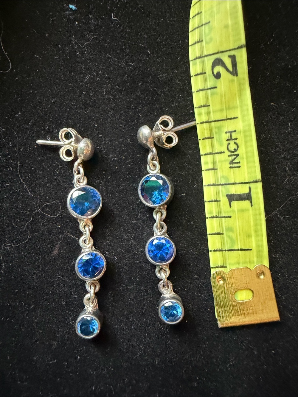 925 Sterling Silver Blue Topaz 3-Stone Dangle Drop Earrings - Picture 2 of 5